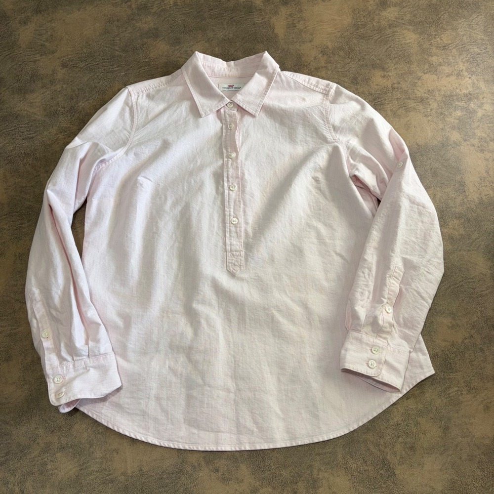 Vineyard Vines Popover Shirt Womens 12 Pink Cotton Roll Tab Convertible Sleeve